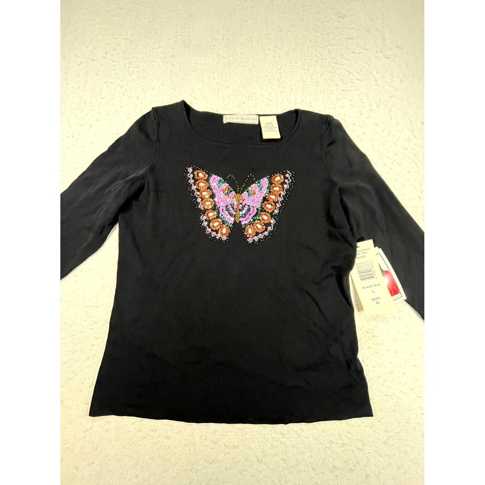 Vintage Lucia Burns Top Womens Large Black‎ Beaded Butterfly Ribbed Rayon Y2K